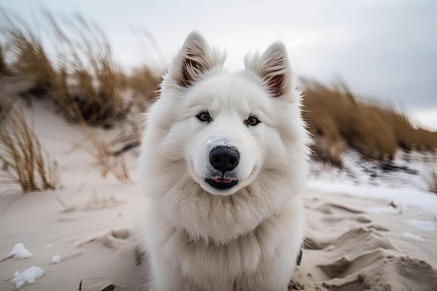 Primo piano di un muso di cane Samoiedo bianco su una duna innevata della spiaggia di Saulkrasti in Lettonia