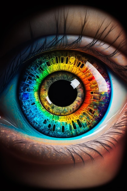 Primo piano di un occhio con iride color arcobaleno IA generativa