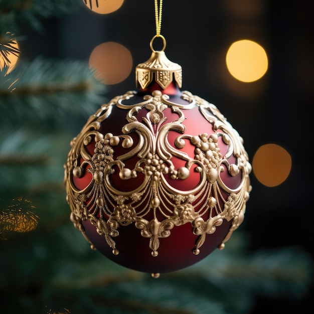 Primo piano di un ornamento di Natale rosso e oro su un albero