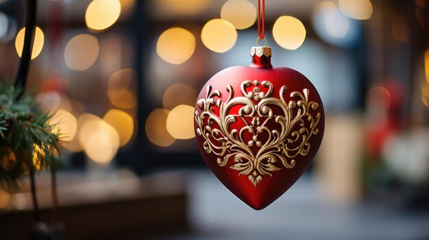 Primo piano di un ornamento di Natale rosso e oro su un albero