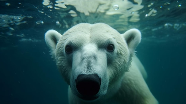 Primo piano di un orso polare che nuota sott'acqua guardando la telecamera