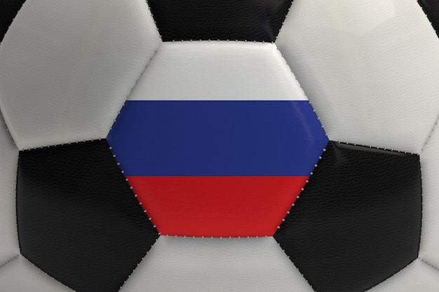 Primo piano di un pallone da calcio con il rendering 3D della bandiera della Russia