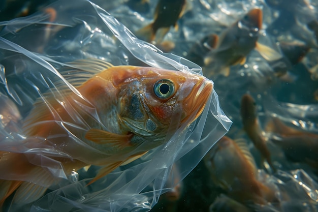 primo piano di un pesce coperto di plastica Il pesce sta lottando per nuotare e ci sono altri pesci sullo sfondo