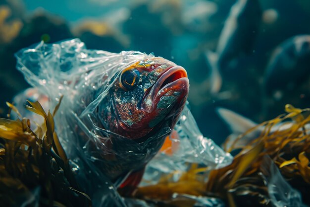 primo piano di un pesce coperto di plastica