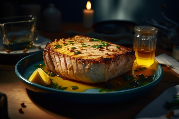 Primo piano di un piatto di cibo sul tavolo in uno stile fotorealistico IA generativa