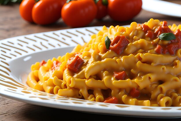 Primo piano di un piatto di deliziosa pasta cucinata alla perfezione e ricoperta da una succulenta salsa Generato da AI