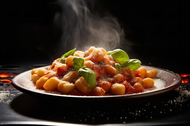 Primo piano di un piatto fumante di gnocchi in salsa di pomodoro