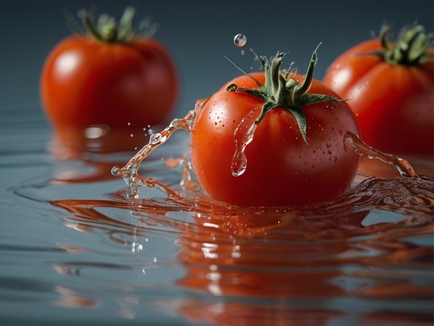 primo piano di un pomodoro con uno spruzzo d'acqua