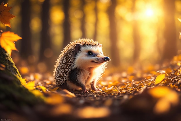 Primo piano di un riccio nella foresta autunnale bokeh ai generativa