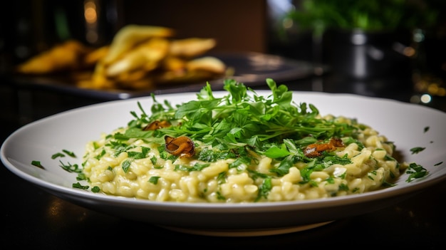 primo piano di un risotto vegetariano gourmet con prodotti freschi