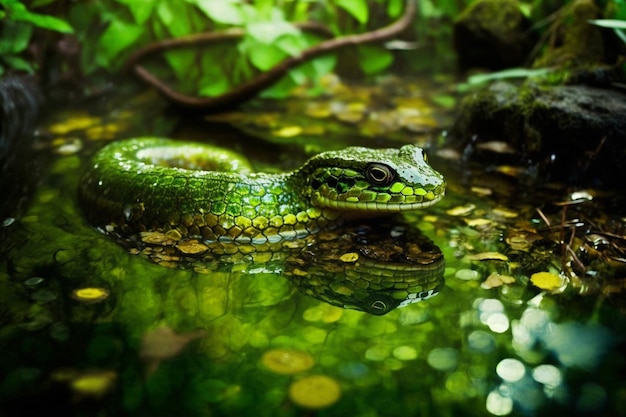 Primo piano di un serpente in uno specchio d'acqua ai generativo