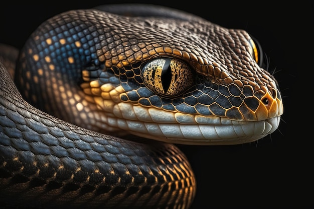 Primo piano di un serpente la sua pelle squamosa e intricati motivi su schermo intero su uno sfondo nero IA generativa