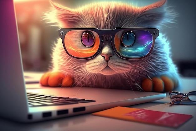 Primo piano di un simpatico gatto con gli occhiali alla scrivania con un computer portatile IA generativa