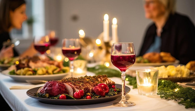 Primo piano di un tavolo da pranzo festivo con un bicchiere di vino