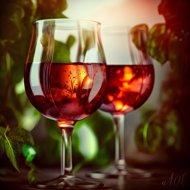 Primo piano di un tradizionale cocktail di sangria fruttato di vino rosso spagnolo su uno sfondo verde naturale alla moda Cocktail estivo rosso in un bicchiere di vino Generativo ai