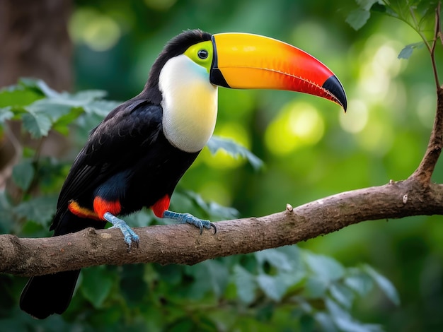 Primo piano di un tucano rainbowbilled su un albero