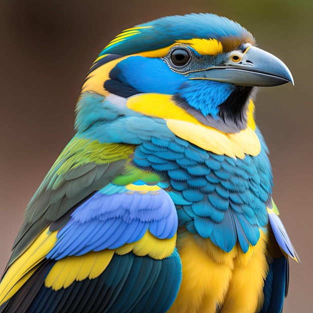 Primo piano di un uccello blu e giallo