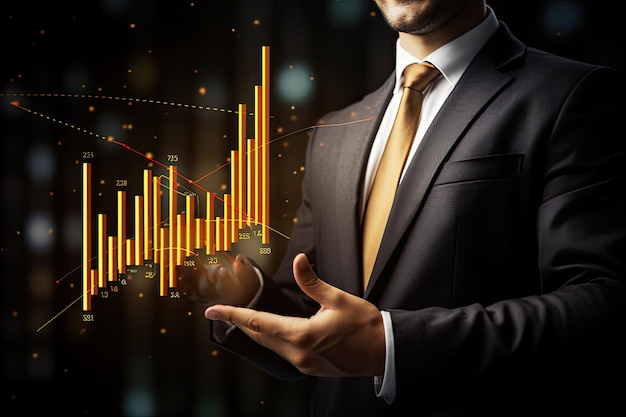 Primo piano di un uomo d'affari che tiene in mano un grafico a candela nel palmo Crescita del grafico del piano dell'uomo d'affari e aumento degli indicatori positivi del grafico nella sua attività Generato dall'intelligenza artificiale