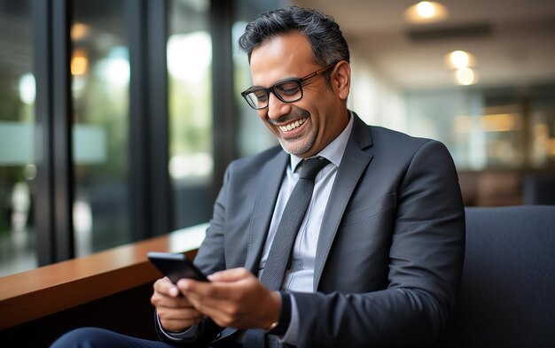 Primo piano di un uomo d'affari maturo sorridente di origine ispanica o indiana con uno smartphone in ufficio