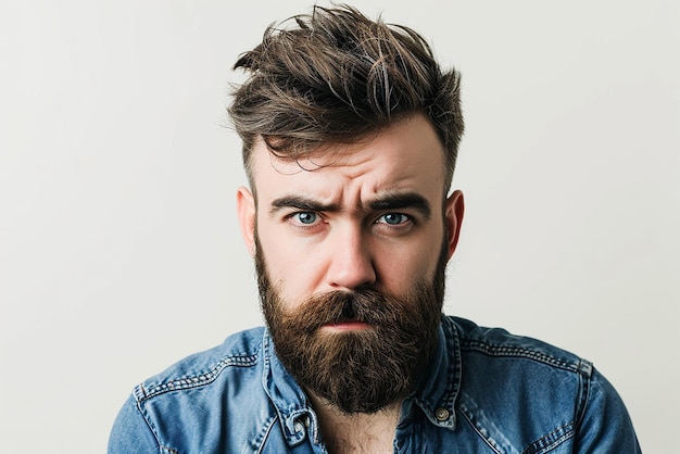 primo piano di un uomo serio con la barba su sfondo bianco isolato