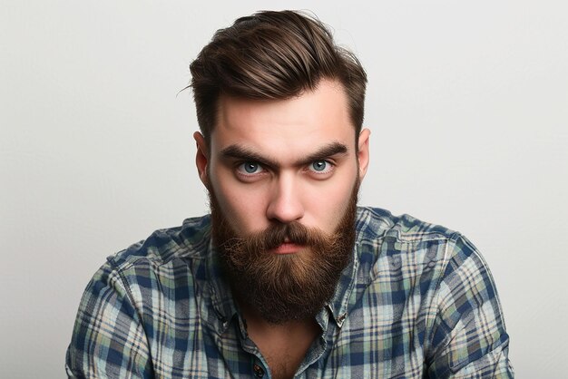 primo piano di un uomo serio con la barba su sfondo bianco isolato