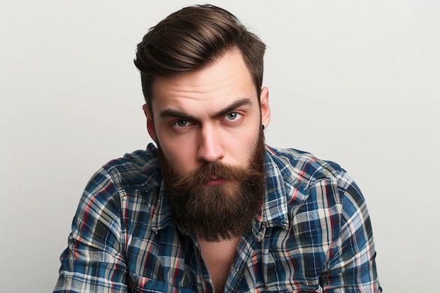 primo piano di un uomo serio con la barba su sfondo bianco isolato