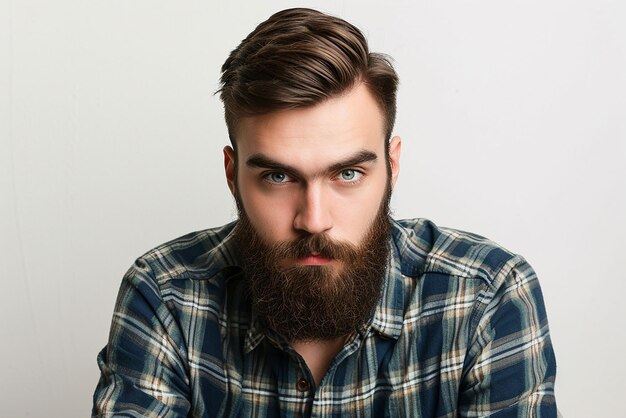 primo piano di un uomo serio con la barba su sfondo bianco isolato