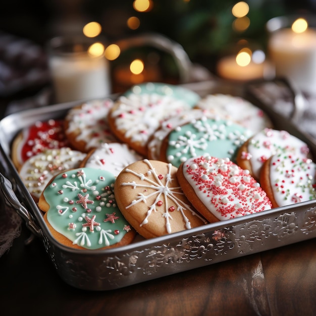 Primo piano di un vassoio di biscotti di Natale splendidamente decorati