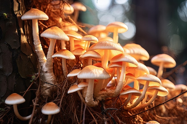 Primo piano di un vivace mazzo di funghi illuminato su uno sfondo di alberi strutturati