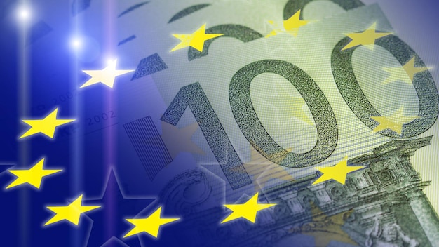 Primo piano di una banconota da 100 euro e bandiera europea come sfondo per il concetto di mercato finanziario