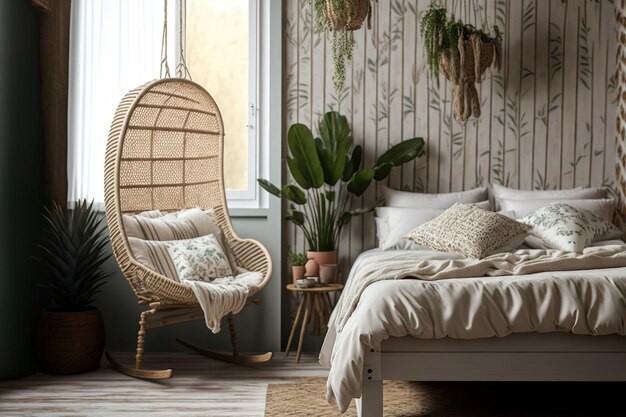 Primo piano di una camera da letto rustica in legno beige e bianco decorata