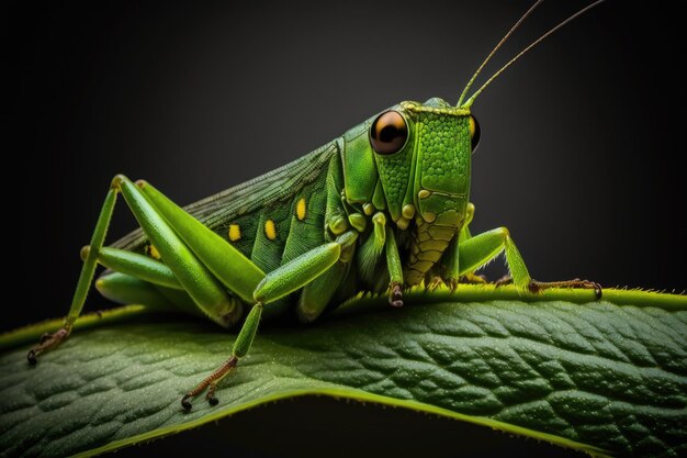 Primo piano di una cavalletta verde su una pianta verde Primo piano della fotografia