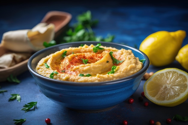 Primo piano di una ciotola blu con hummus vegetariano fatto in casa a base di ceci arabi o libanesi