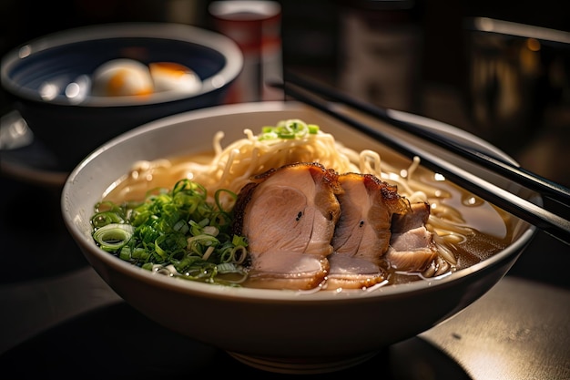 Primo piano di una ciotola calda e saporita di tonkotsu ramen con fette galleggianti di arrosto di maiale e scalogno c