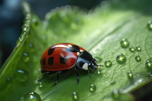 primo piano di una coccinella su goccioline d'acqua fogliare in una giornata di sole sullo sfondo della natura