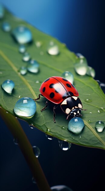 primo piano di una coccinella su una foglia con rugiada