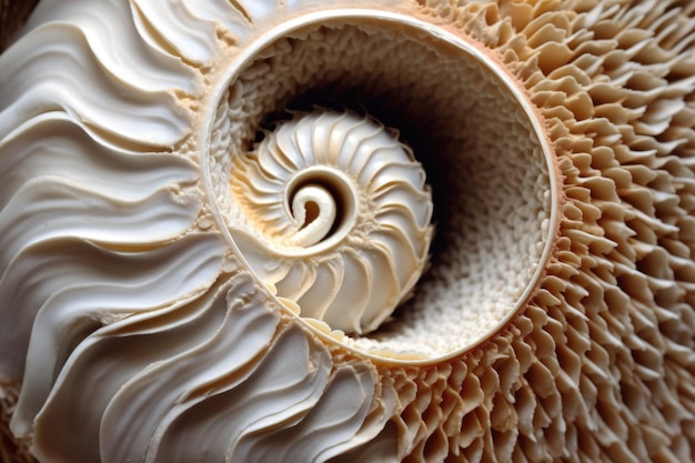 Primo piano di una conchiglia nautilus a spirale creata con l'intelligenza artificiale generativa