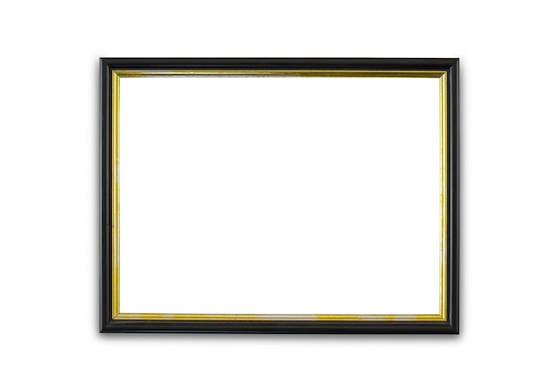 Primo piano di una cornice con bordi neri e dorati isolati su sfondo bianco