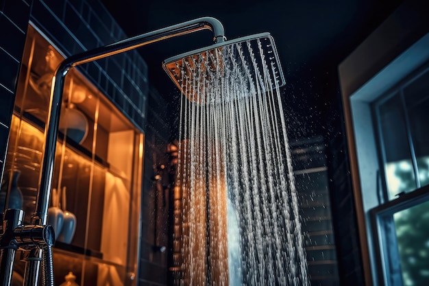 Primo piano di una doccia in un bagno che ne versa acqua
