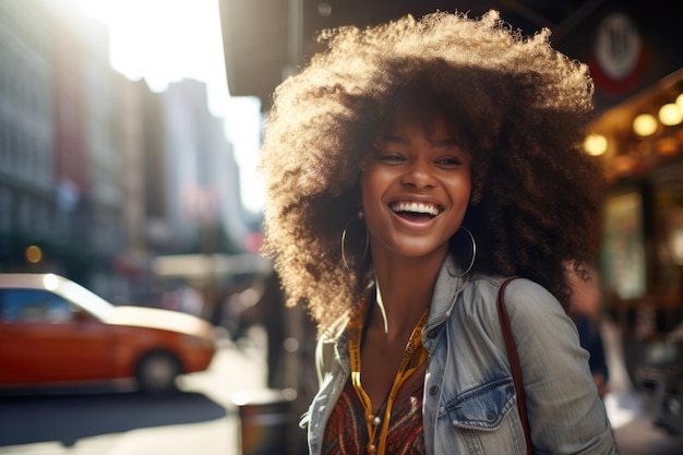 Primo piano di una donna afroamericana sorridente con uno sfondo di scena cittadina