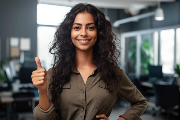 Primo piano di una donna al lavoro che sorride con un pollice in su IA generativa