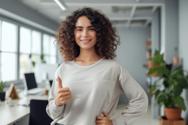 Primo piano di una donna al lavoro sorridente con un pollice in su