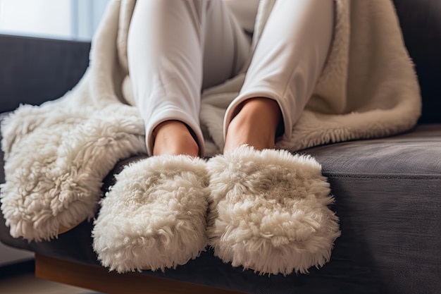 Primo piano di una donna che indossa pantofole comode e morbide nel comfort della propria casa