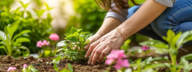 primo piano di una donna che pianta fiori in un letto di fiori