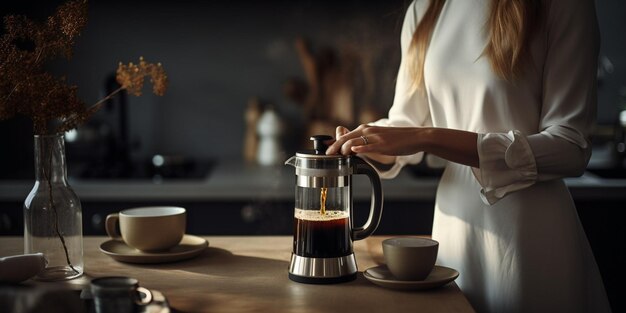 Primo piano di una donna che versa il caffè in una tazza dalla stampa francese AI generativa