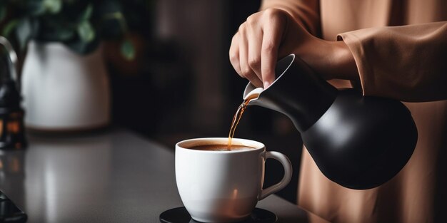 Primo piano di una donna che versa il caffè in una tazza dalla stampa francese AI generativa