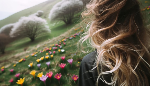 Primo piano di una donna con i capelli arruffati dalla brezza su una collina erbosa con fiori primaverili luminosi che sbocciano vivacemente dietro di lei
