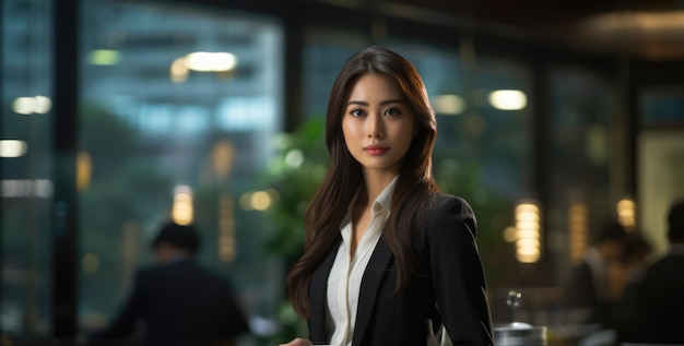 Primo piano di una donna d'affari giapponese con il suo spazio di lavoro sullo sfondo