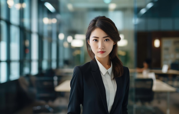 Primo piano di una donna d'affari giapponese con il suo spazio di lavoro sullo sfondo