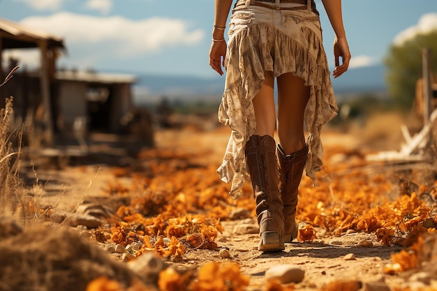 Primo piano di una donna in un vestito marrone e stivali da cowboy che camminano attraverso il campo